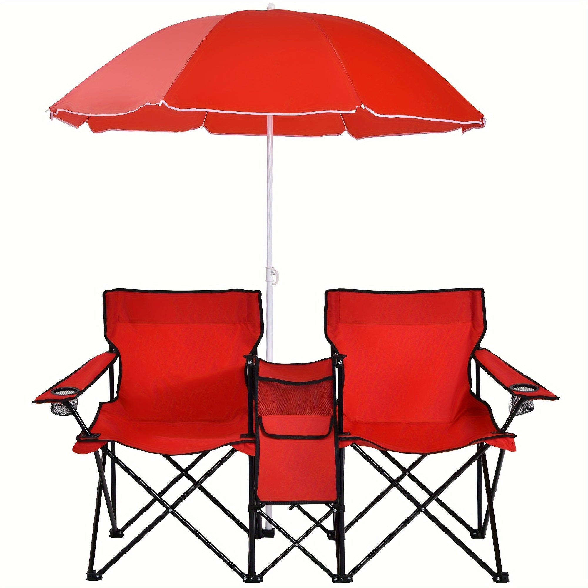2-Person Folding Beach Chair Set with Umbrella, Table & Cooler Bag – 600 lb Capacity Portable Camping & Picnic Chair Set for Outdoor, Beach & Tailgate