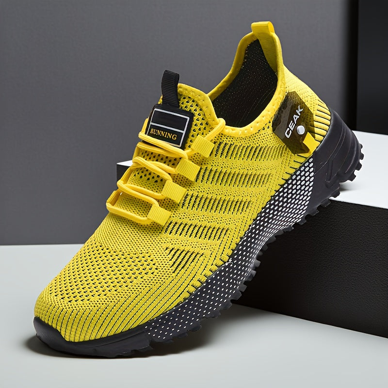 Men's Running Sneakers Breathable Mesh Non-Slip Low-Top Athletic Shoes – Lightweight Casual Sports Shoes for Gym Jogging Daily Wear, Black Grey Yellow, US 6.5-13.5
