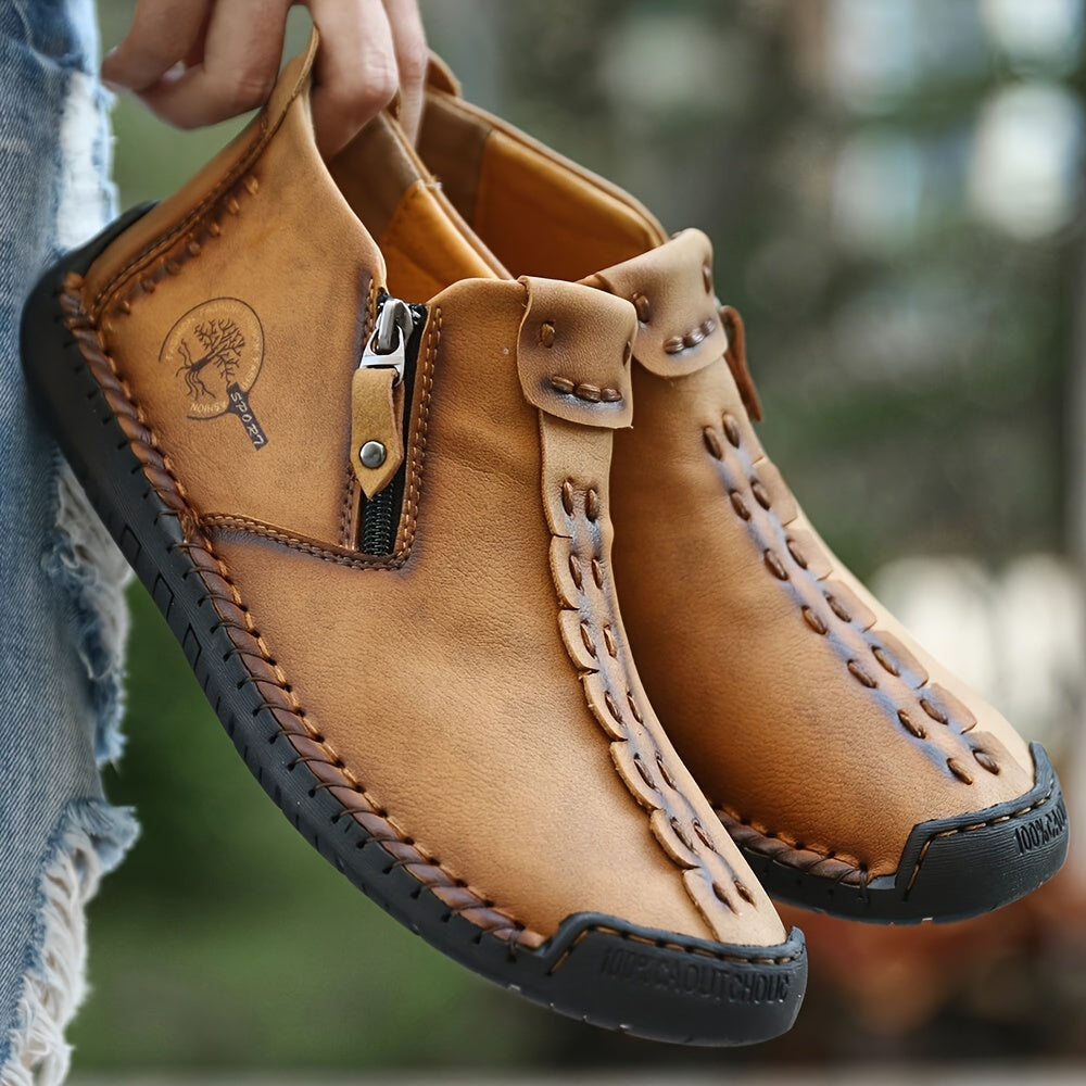 Men's Ankle Boots Slip-On Casual Loafers Shoes Hand Stitching Outdoor Work Boots for Men Comfortable Non-Slip Walking Shoes