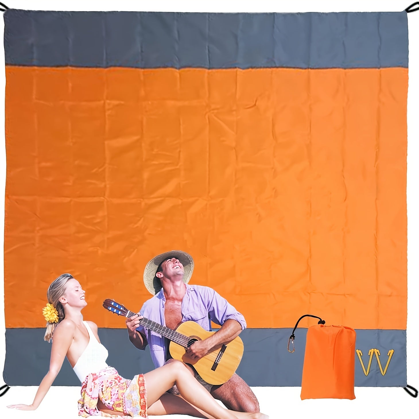 Sandproof Beach Blanket Foldable Mat with 4 Corner Stakes – Lightweight Portable Outdoor Blanket for Beach, Camping, Hiking, Travel & Picnic