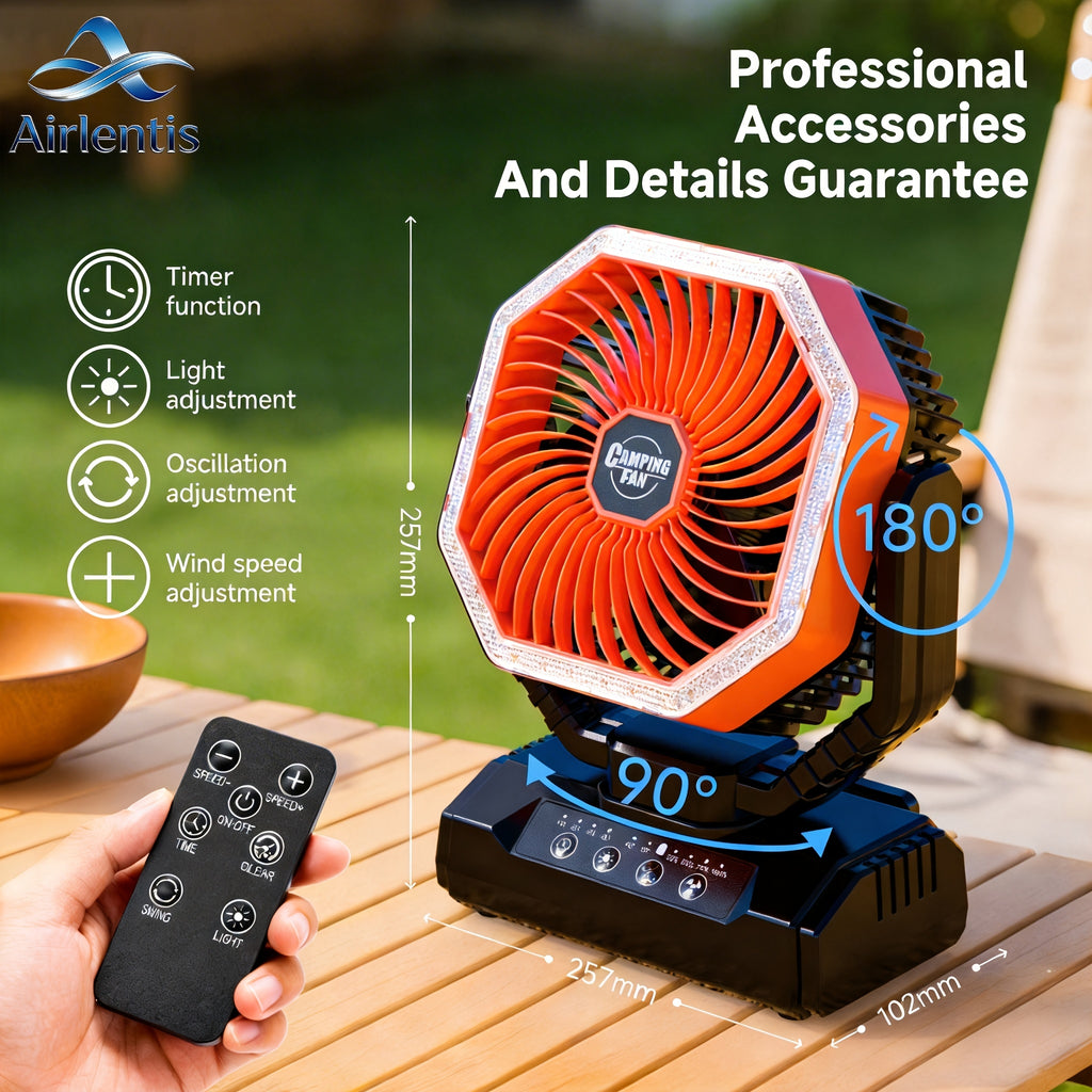 20000mAh Portable Camping Fan 180° Oscillating 4-Speed Brushless Motor LED Light 22-26H Battery USB Rechargeable for Camping Hiking Picnic Emergency Gray Pink Green Black Orange