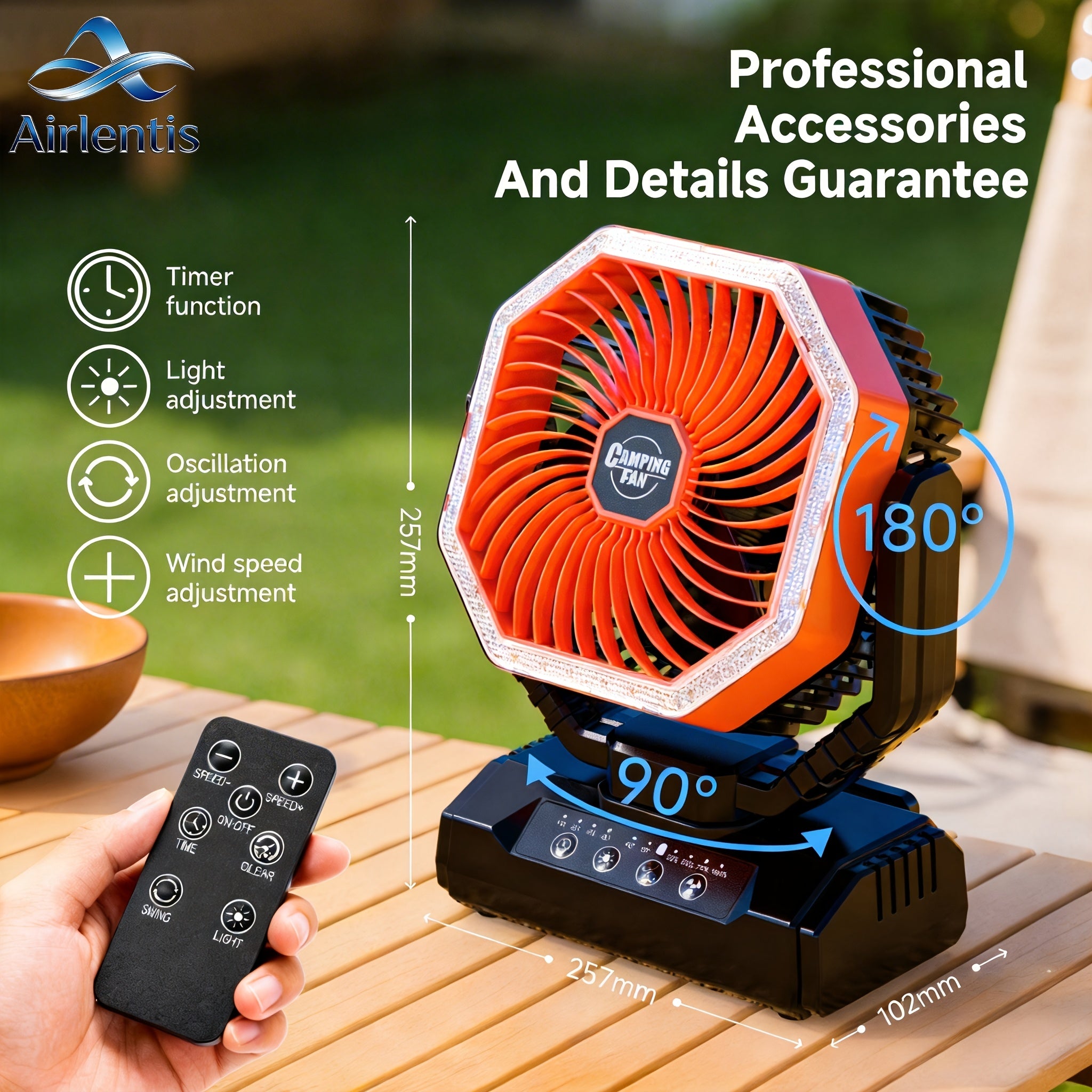20000mAh Portable Camping Fan 180° Oscillating 4-Speed Brushless Motor LED Light 22-26H Battery USB Rechargeable for Camping Hiking Picnic Emergency Gray Pink Green Black Orange