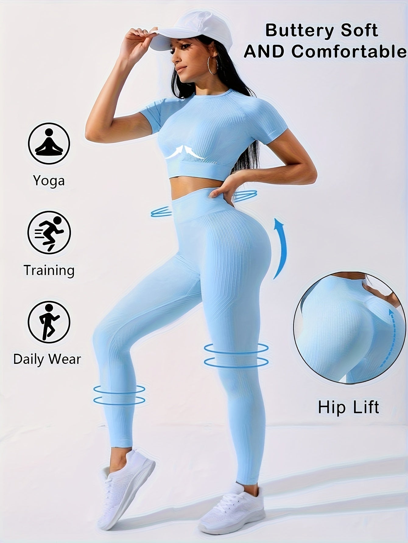 2PCS Women's Workout Set – Yoga Crop Top & Leggings, Crew Neck, Medium Stretch, Solid Color All-Season Activewear, XS-XL