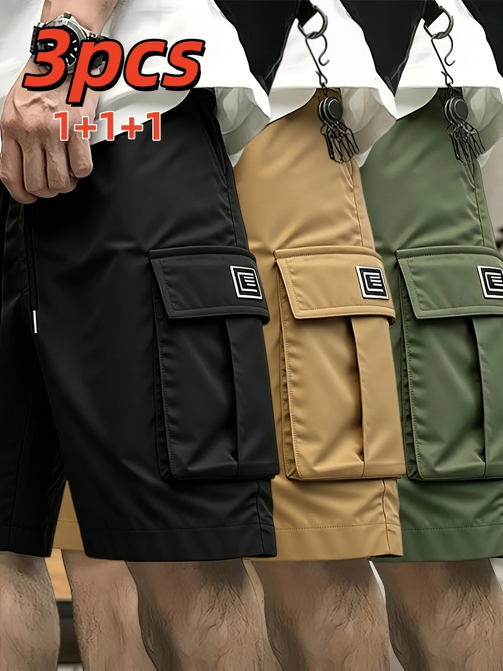 Men's Cargo Shorts 3-Pack Multi-Pocket Bermuda – Elastic Waist Drawstring Loose Knee-Length, Lightweight Breathable Outdoor Shorts for Camping Hiking Jogging Street Lounge S-XXXL