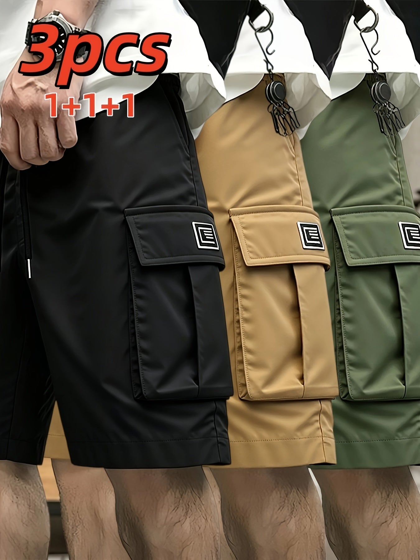 Men's Cargo Shorts 3-Pack Multi-Pocket Bermuda – Elastic Waist Drawstring Loose Knee-Length, Lightweight Breathable Outdoor Shorts for Camping Hiking Jogging Street Lounge S-XXXL