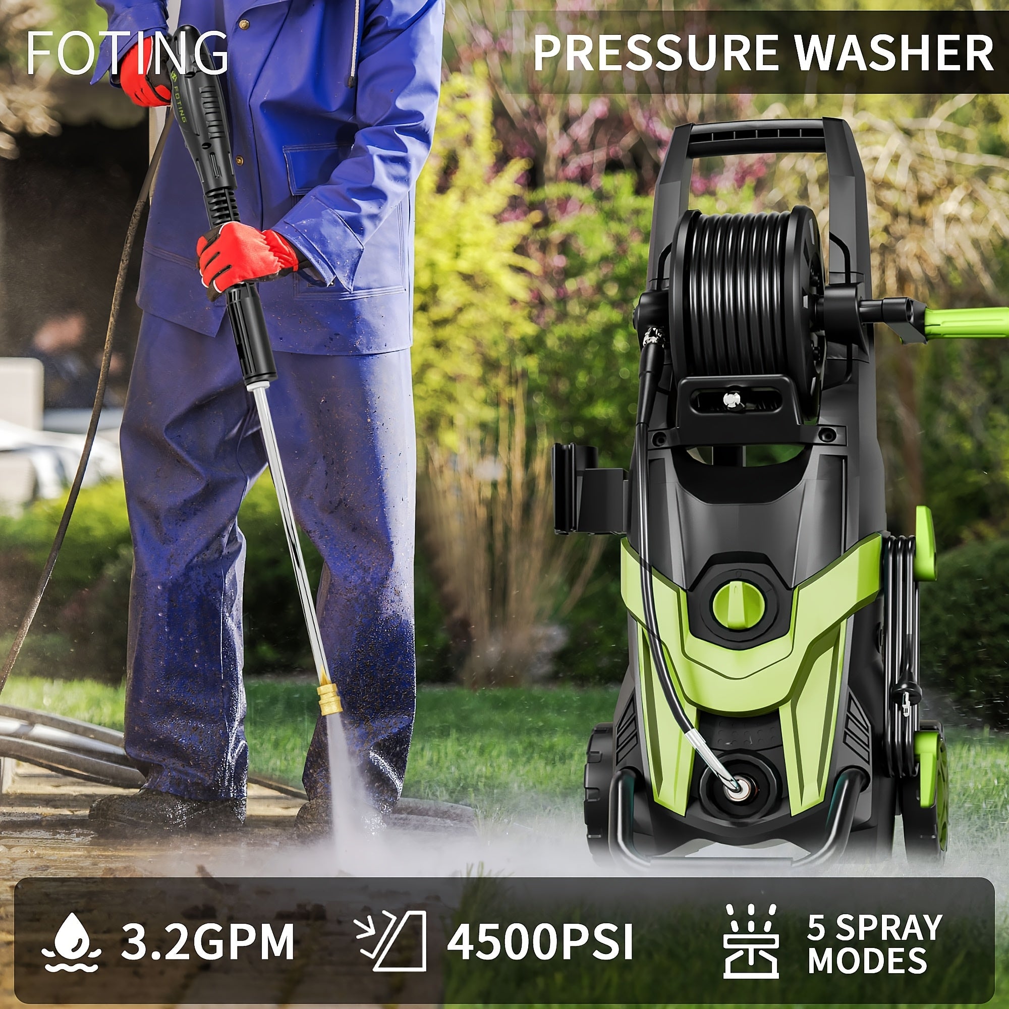 Electric Pressure Washer 4500PSI – 4 Quick-Connect Nozzles, Foam Cannon, Inlet Hose & Filter for Car Washing, Fence, Patio, Driveway & Home Cleaning, 3 Colors