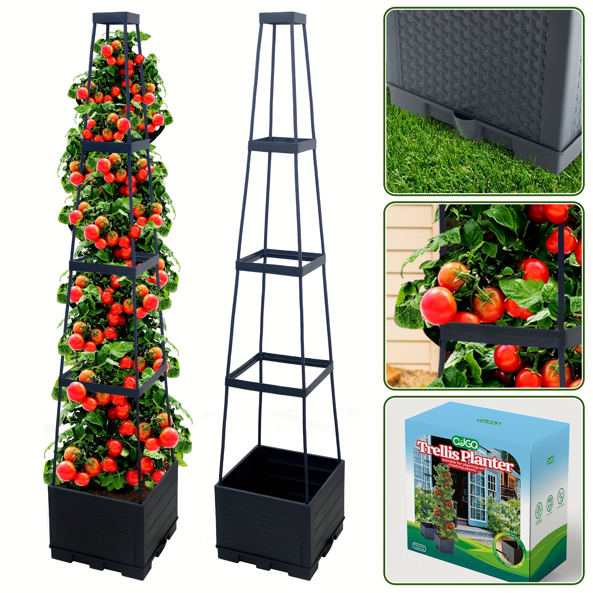Garden Planting Box with Self-Watering Tomato Cage Lightweight Plastic Stripe Pattern – Indoor Outdoor Climbing Plant Planter 44.8 & 57 Inch 1 or 2 Pack