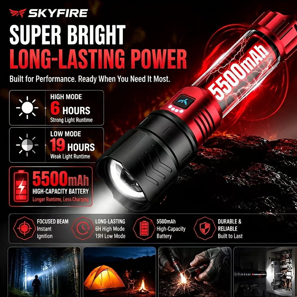 LED Flashlight 5000+ Lumen Super Bright Rechargeable with Ignition Lens Adjustable Focus 4 Modes for Camping Outdoor Farm Emergency Family Use
