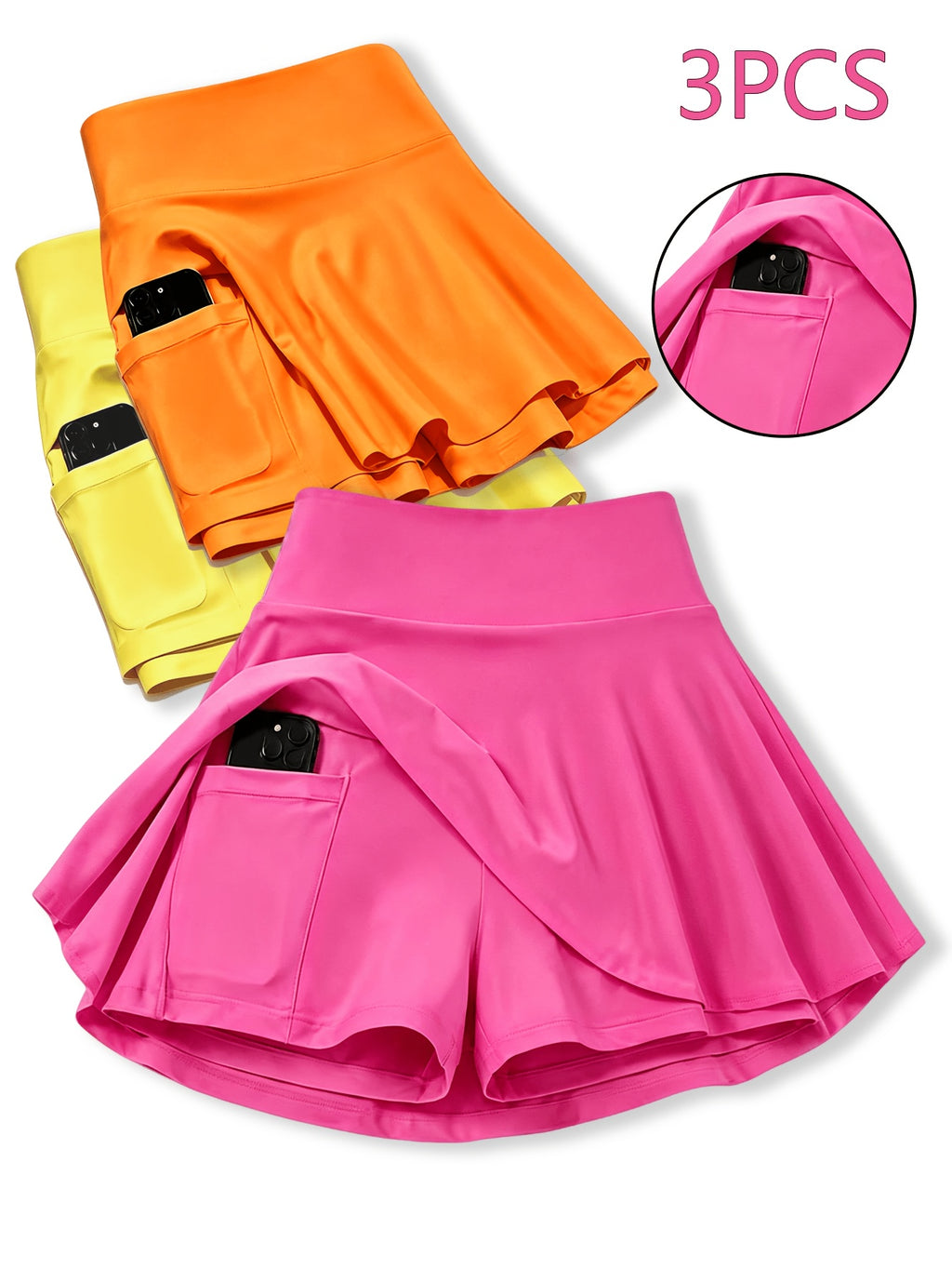 Women's Athletic Skort 3-Pack High Waisted with Built-In Shorts & Pockets – Tennis Golf Pickleball Running Skirt S-XXL Orange Navy White
