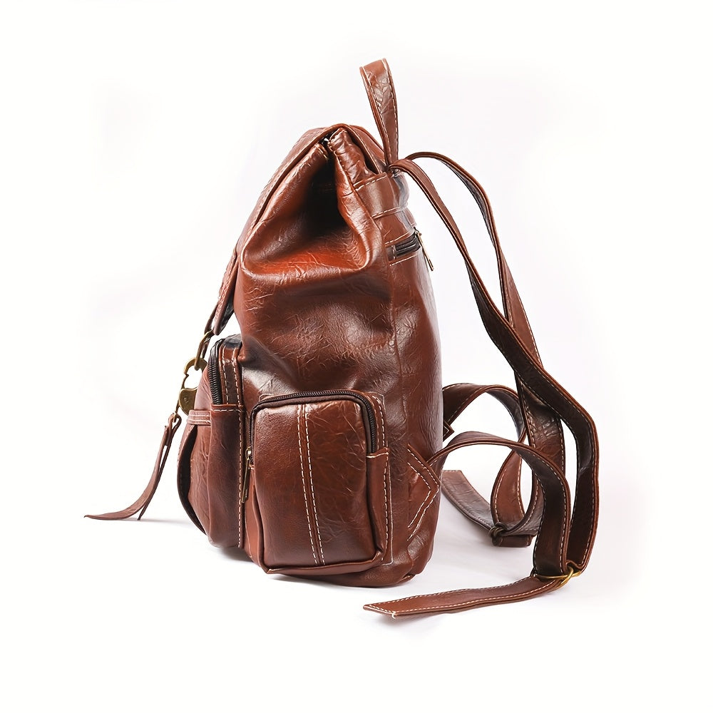 Vintage PU Leather Backpack for Women Men Water Resistant Geometric Pattern Rucksack Convertible Shoulder Bag Satchel with Zipper Multi-Pocket for School Travel Daily Use