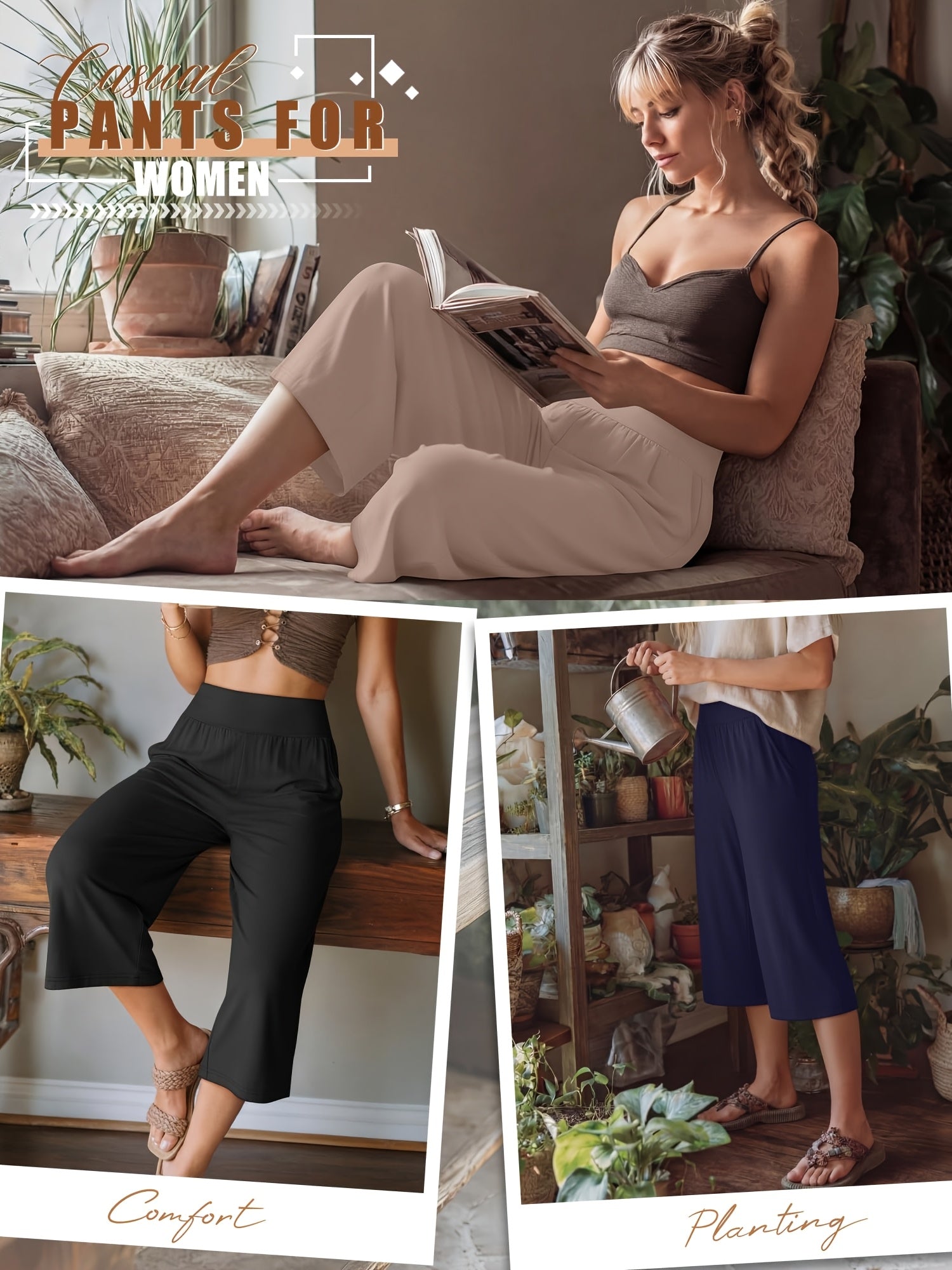 Women's Capri Pants 3 Pack Loose Lounge Joggers Yoga Cropped Sweatpants with Pockets – Elastic Waist Casual Spring Summer Fall