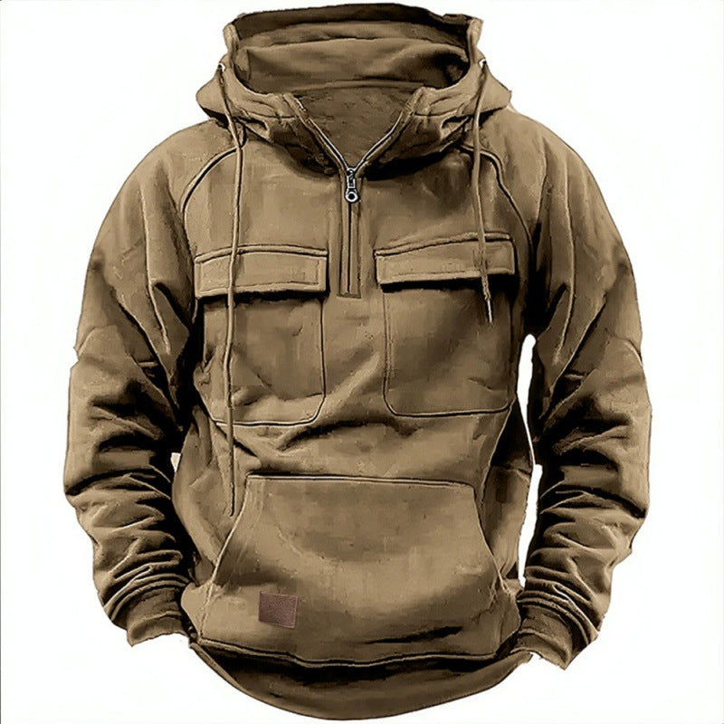 Men's Tactical Quarter Zip Hoodie Cargo Pullover Sweatshirt Outdoor Workout Gym Hooded Jacket Dark Brown