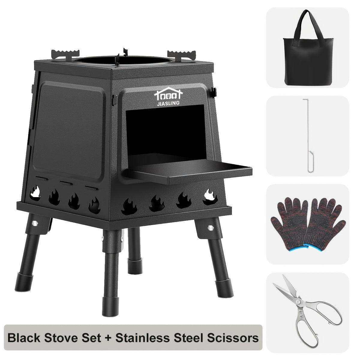 Portable Wood Burning Camp Stove with BBQ Scissors – Compact Folding Camping Stove for Outdoor Hiking Picnic Backpacking Travel, Black