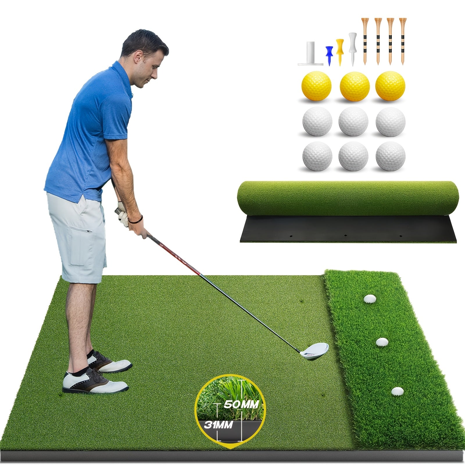Golf Hitting Mat 5x3ft 21mm & 5x4ft Dual-Turf 31mm – Indoor Outdoor Practice Mat with Balls Tees Gift for Golfers