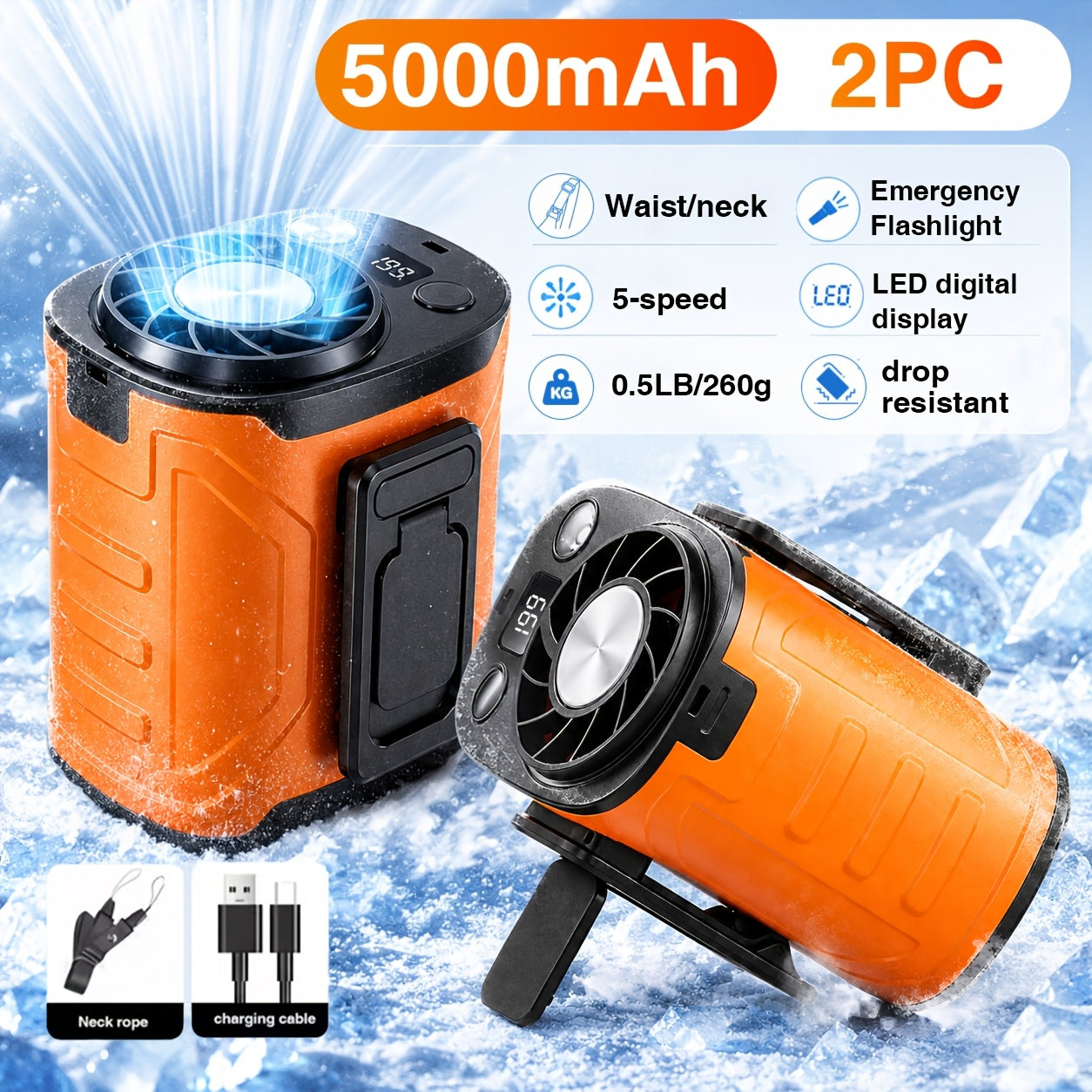 Portable Neck Fan Waist Fan 18000RPM Brushless Motor 199 Speed Settings 5000mAh Battery LED Power Display Outdoor Camping Fishing Hiking Work