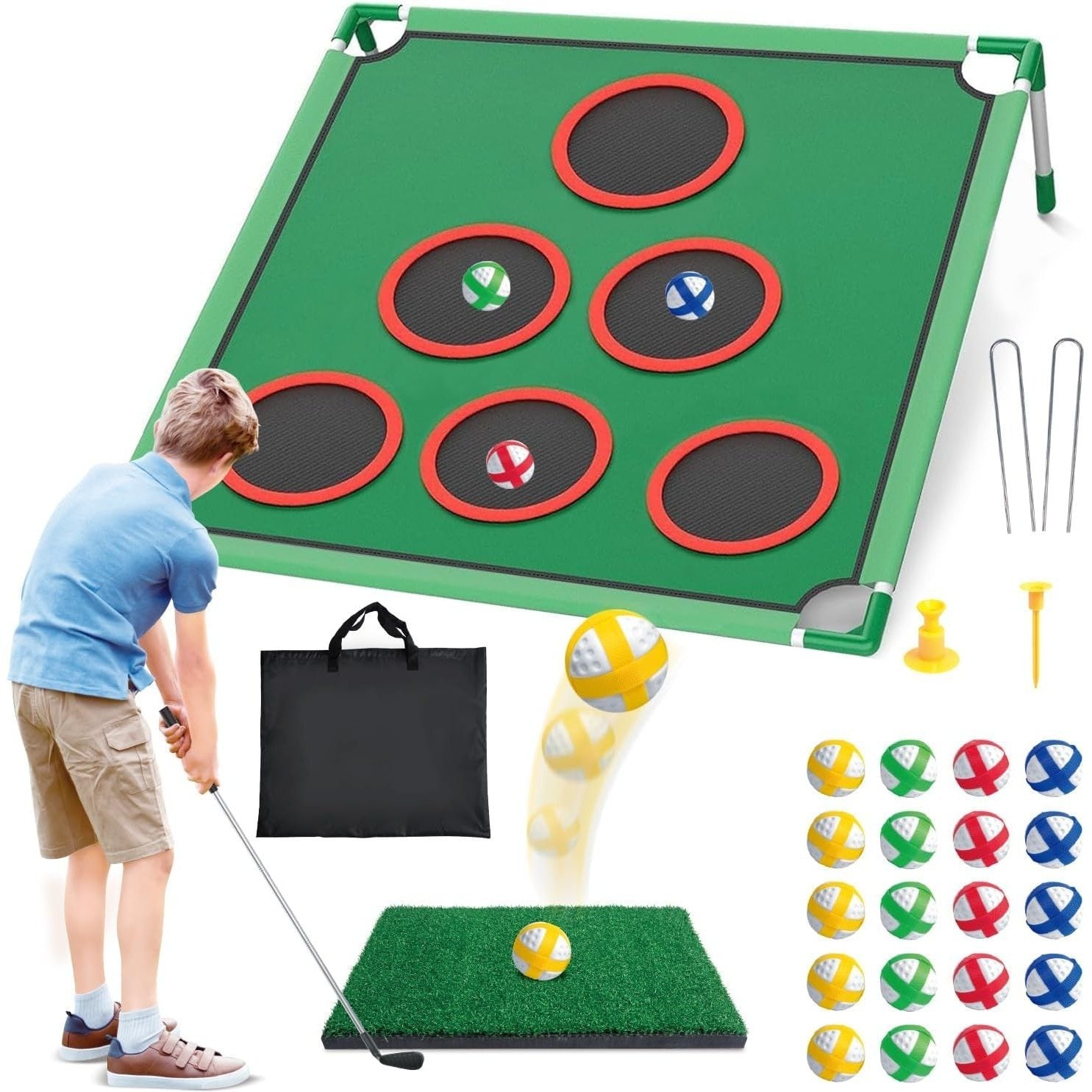 Golf Chipping Game Set Backyard Yard Game with Putting Mat 20 Sticky Balls 6 Hole Covers Club & Carrying Bag – Indoor Outdoor Target Game for Adults Kids Golfers