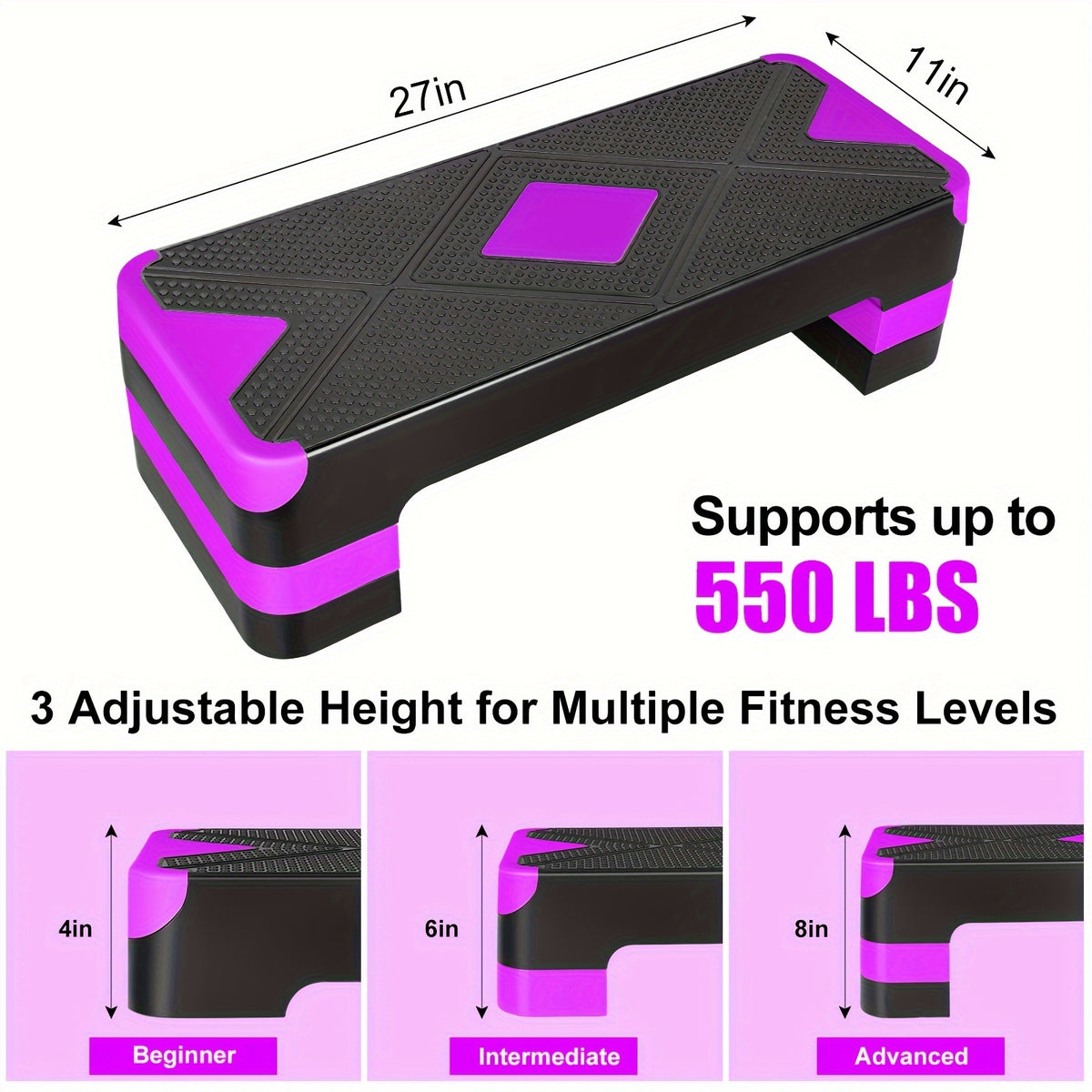 Aerobic Step Platform Adjustable Height 4-6-8 Inch Non-Slip Workout Stepper – Home Gym Cardio Fitness Trainer for Beginners & Advanced Men Women