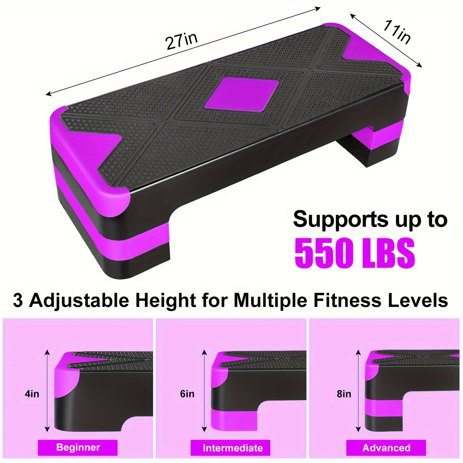 Aerobic Step Platform Adjustable Height 4-6-8 Inch Non-Slip Workout Stepper – Home Gym Cardio Fitness Trainer for Beginners & Advanced Men Women
