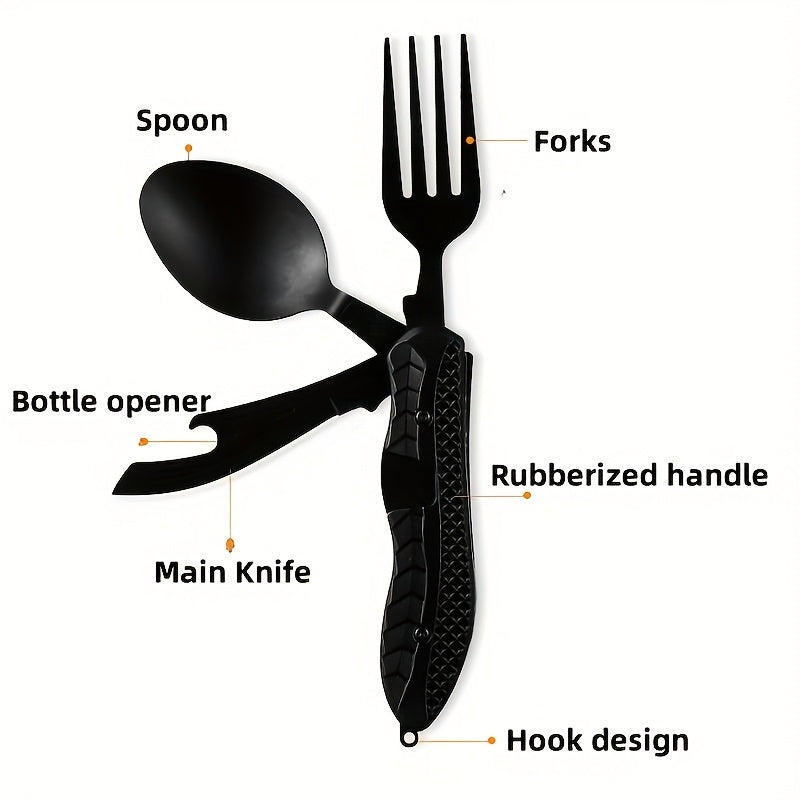 4-in-1 Stainless Steel Camping Utensil Set – Portable Folding Fork Spoon Knife & Bottle Opener for Hiking Survival Travel Backpacking Picnic Outdoor Meals