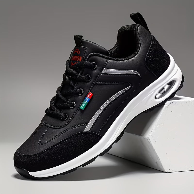 Men's Fashion Sneakers Lace-Up Non-Slip Soft Sole Casual Running Shoes PU Leather Comfortable Outdoor Athletic Footwear