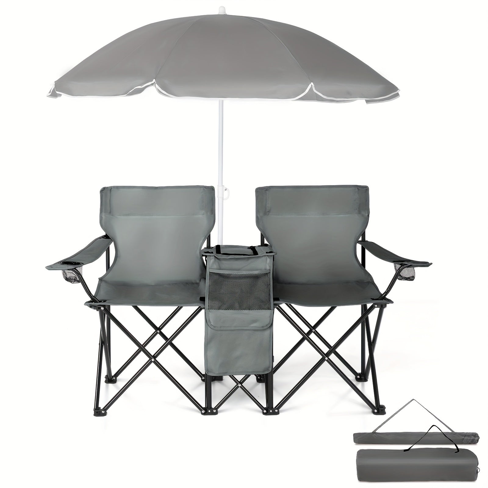 2-Seat Folding Outdoor Chair with Removable Sun Umbrella - Portable Double Camping Chair with Handrails for Fishing Beach Sunbathing Patio - Durable Steel Frame Oxford Fabric Lawn Chair