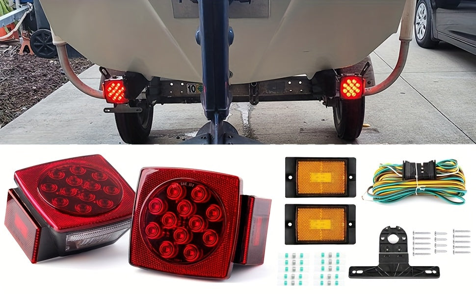 LED Trailer Light Kit 12V Submersible for Boat RV Utility Trailer Under 80 Inch, Complete Trailer Lights with Wire Harness, Amber Side Marker Lights, License Plate Bracket, Corrosion Resistant