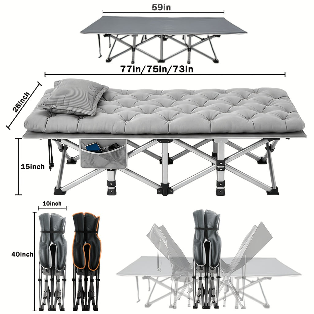 Extra Large Folding Camping Cot Bed with Mattress Option – Heavy Duty 355–750 lbs Capacity Portable Guest Bed for Adults – Foldable Sleeping Cot for Camping Travel Indoor Outdoor Use 59–77 Inch