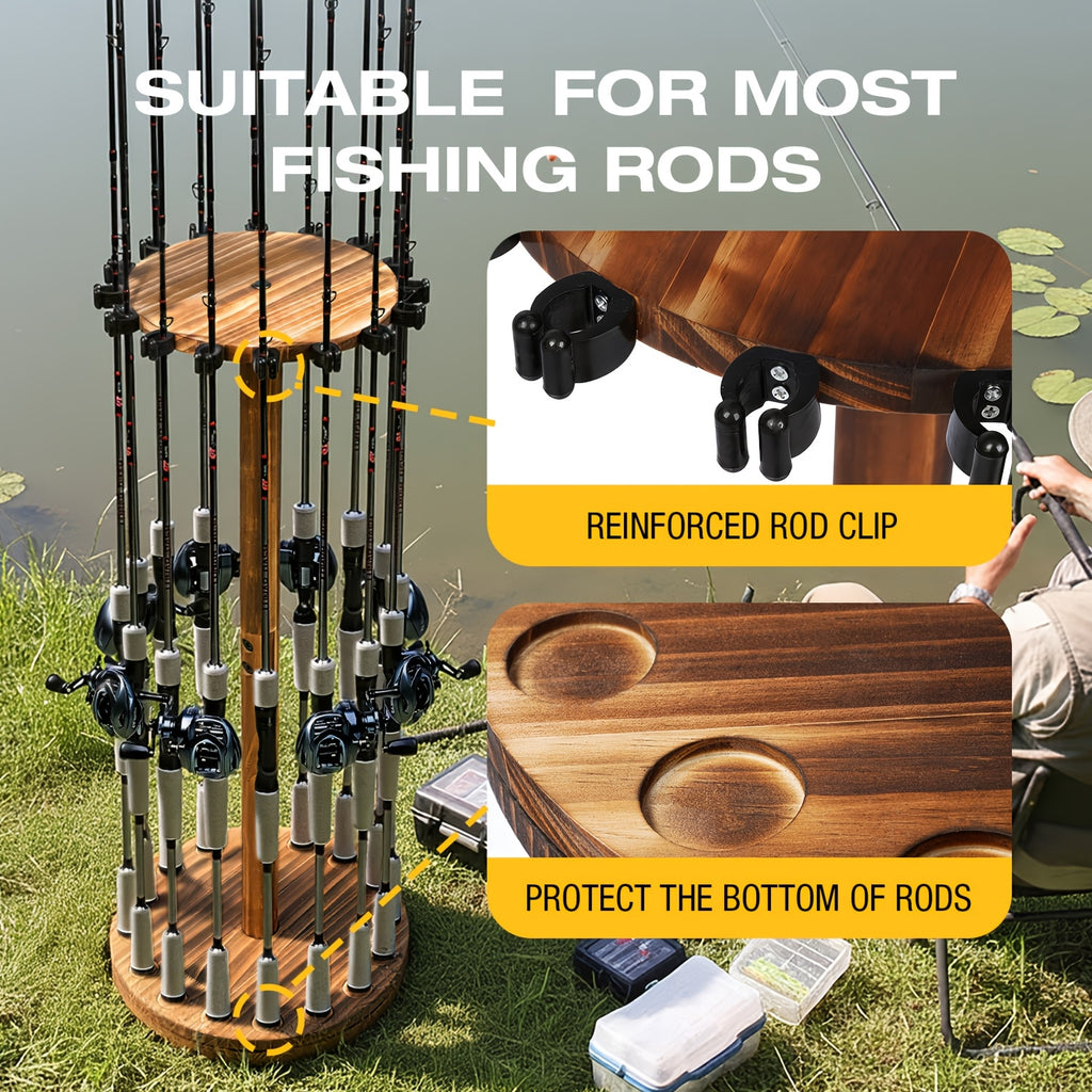 360° Rotating Circular Wooden Fishing Rod Rack - Holds 16 Rods - Space-Saving Wall Mount Fishing Pole Organizer for Garage, Basement & Shed - Great Fishing Gift