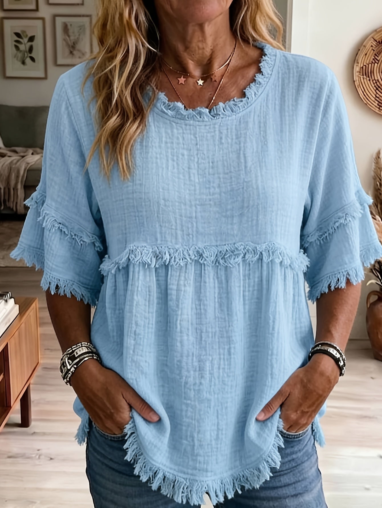 Women's Fringed Trim Short Sleeve Casual Blouse – Soft Knit Crew Neck Top for Summer, Beach & Everyday Wear | Royal Blue, Aquamarine, Sky Blue, Grey, Green (S-XXL)