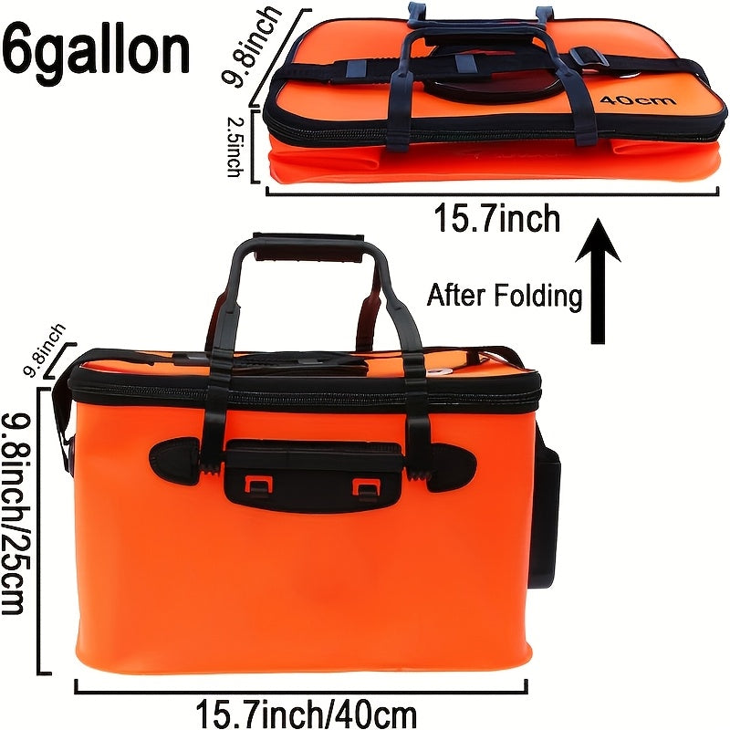 Collapsible 25L EVA Fishing Bucket with Lid – Foldable Live Fish Keeper & Bait Container for Kayak Bank Pier Fishing, Lightweight Portable Water Bucket for Camping, Orange & Blue