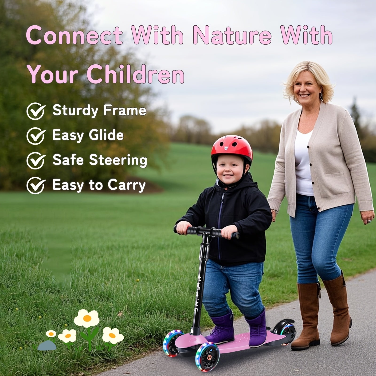 Kids 3-Wheel Scooter Ages 2-5 Adjustable Height Lean to Steer Light Up Wheels Front Brake Double Suspension Toddler Scooter Pink Blue Red Black