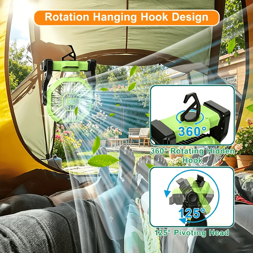 3-in-1 Portable Camping Fan with LED Light & Phone Charger - Rechargeable Battery Tent Fan with Hooks - Desktop Cooling Fan for Camping Patio Travel Sports Events Power Outages