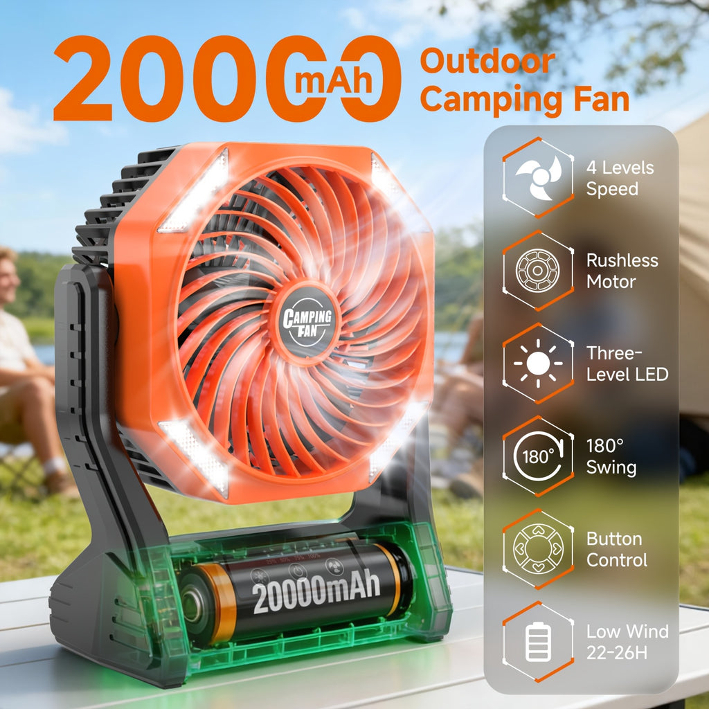 20000mAh Camping Fan with LED Light & Brushless Motor – Portable Outdoor Fan for Camping Hiking Picnic Emergency Use, 4 Speeds, 180° Oscillation, 22-26H Battery Life