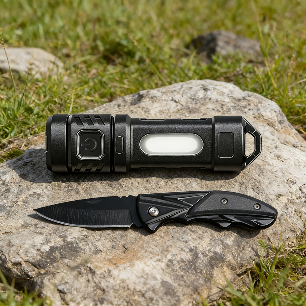 1000 Lumen Tactical Flashlight & Pocket Knife 2-Piece Survival Set – USB Rechargeable 250M Beam 4-Mode Aluminum Flashlight + Clip Knife for Camping Hiking Fishing Emergency EDC