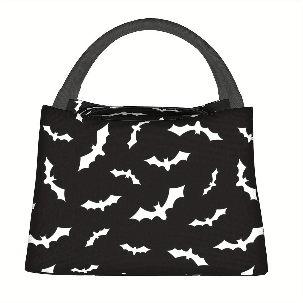 Bat Print Insulated Lunch Bag Cooler 11x6.5x7 In – Reusable Polyester Thermal Tote with Black Handles for Halloween School Office Camping Picnic Beach