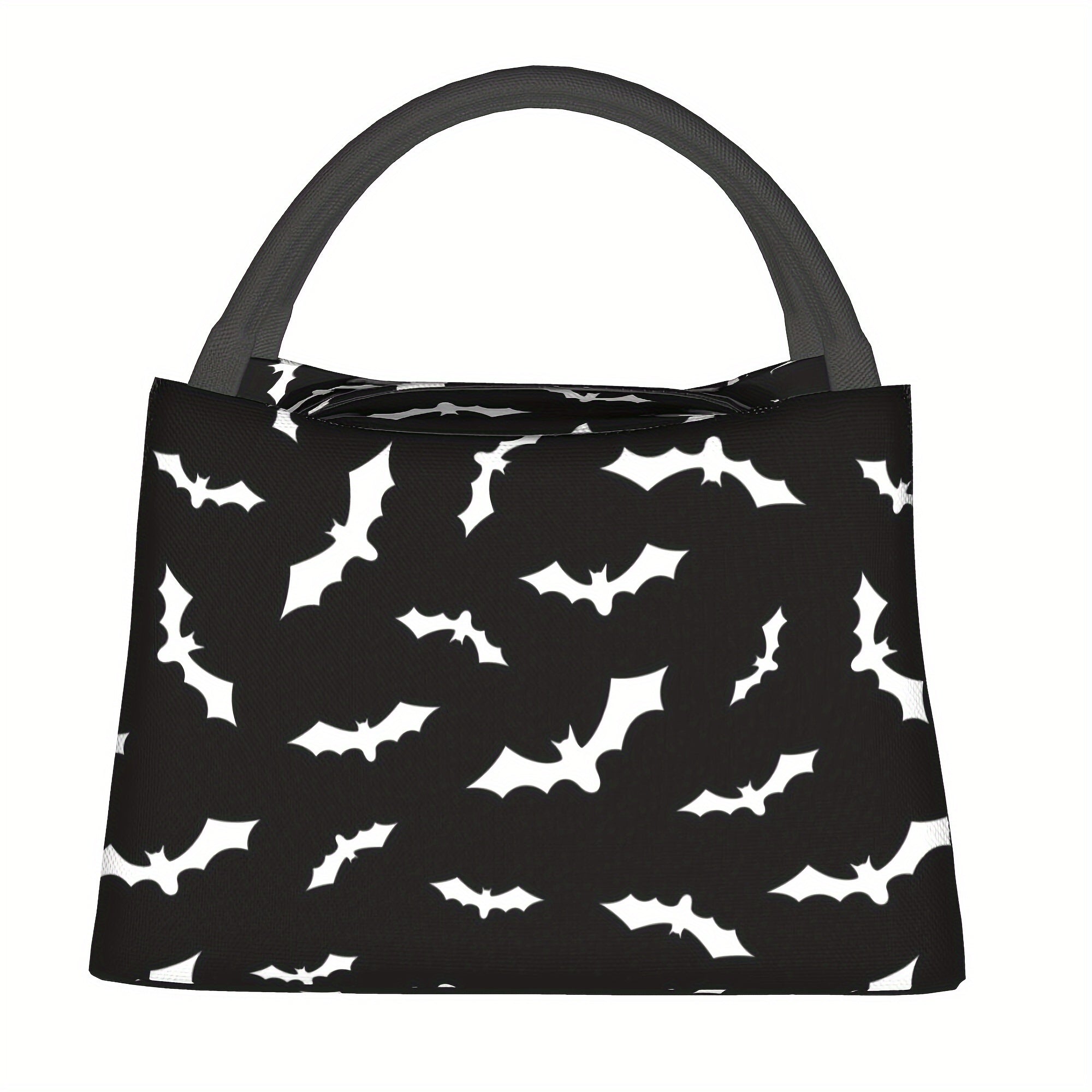 Bat Print Insulated Lunch Bag Cooler 11x6.5x7 In – Reusable Polyester Thermal Tote with Black Handles for Halloween School Office Camping Picnic Beach