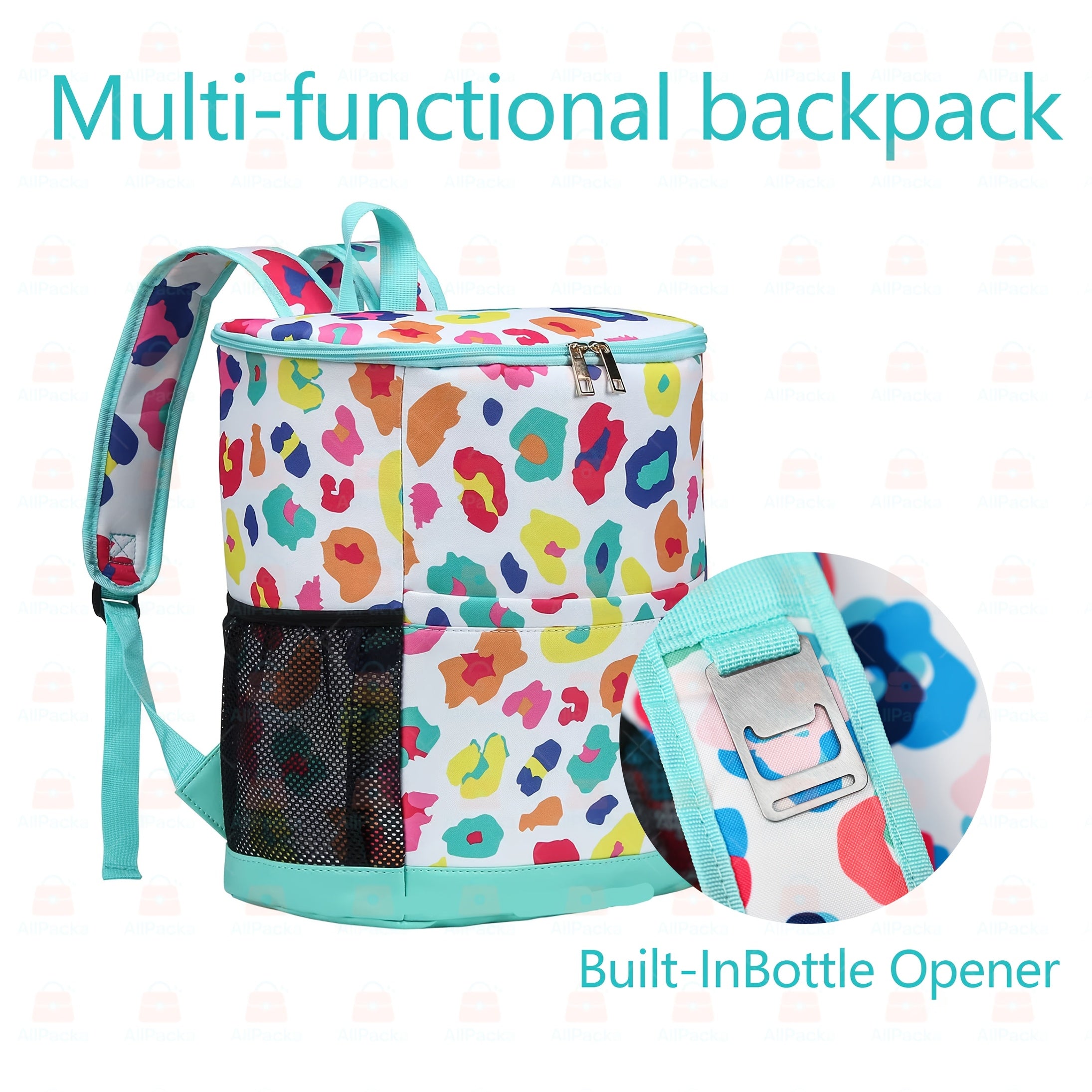 Insulated Cooler Backpack 30-Can Leopard Print Nylon Portable Cooler Bag with Mesh Pockets Adjustable Straps for Beach Camping Picnic Outdoor Travel Daily Use
