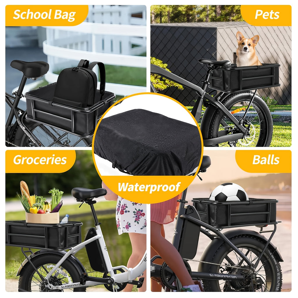 Rear Bike Basket Heavy Duty Iron Large Removable Folding, Bicycle Rear Mount Basket for Most Bikes & Ebikes, Black Frame Cargo Basket for Groceries Vegetables Pets, Commuter Cycling Accessory
