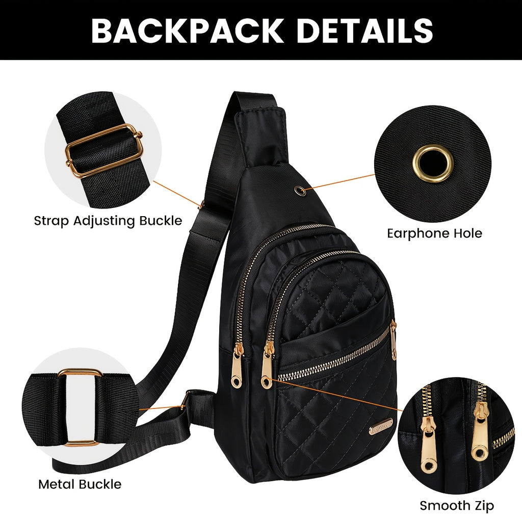 Quilted Sling Backpack Crossbody Bag – Adjustable Shoulder Strap Zipper Casual Daypack for Women Men Travel Everyday Use, Multiple Colors
