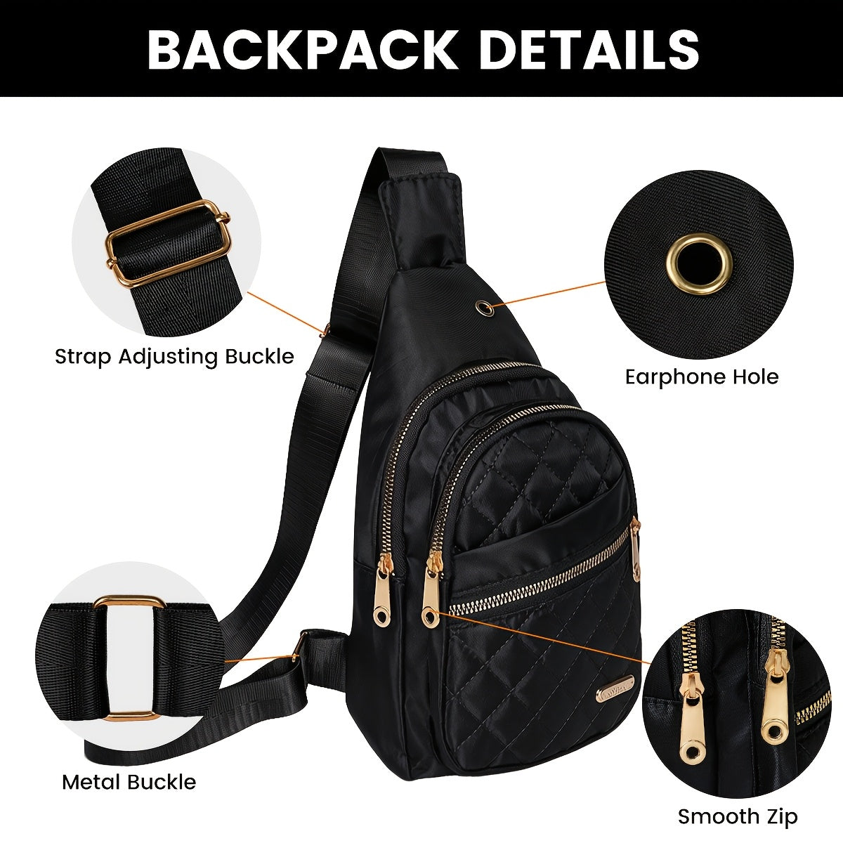 Quilted Sling Backpack Crossbody Bag – Adjustable Shoulder Strap Zipper Casual Daypack for Women Men Travel Everyday Use, Multiple Colors