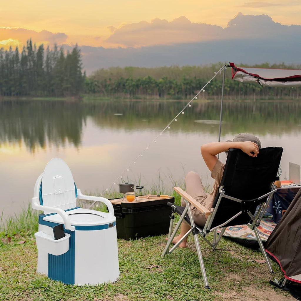 Portable Camping Toilet with Backrest & Handrails – 350LB Capacity, Detachable 6-8 Gallon Bucket, Odor-Control Lid, Lightweight Commode for Camping, RV, Boat & Medical Use