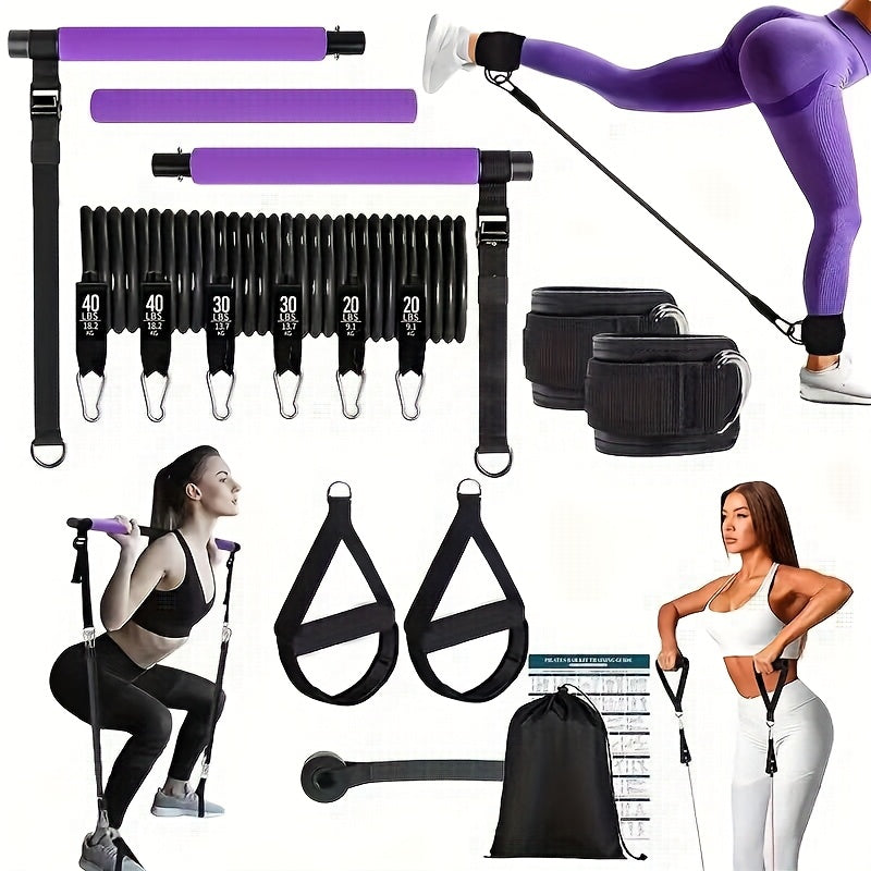 Pilates Stick with Resistance Bands 14pcs Set – Multifunctional Fitness Pedal Puller for Home Yoga, Stretch & Full Body Training, Pink, Black & Purple