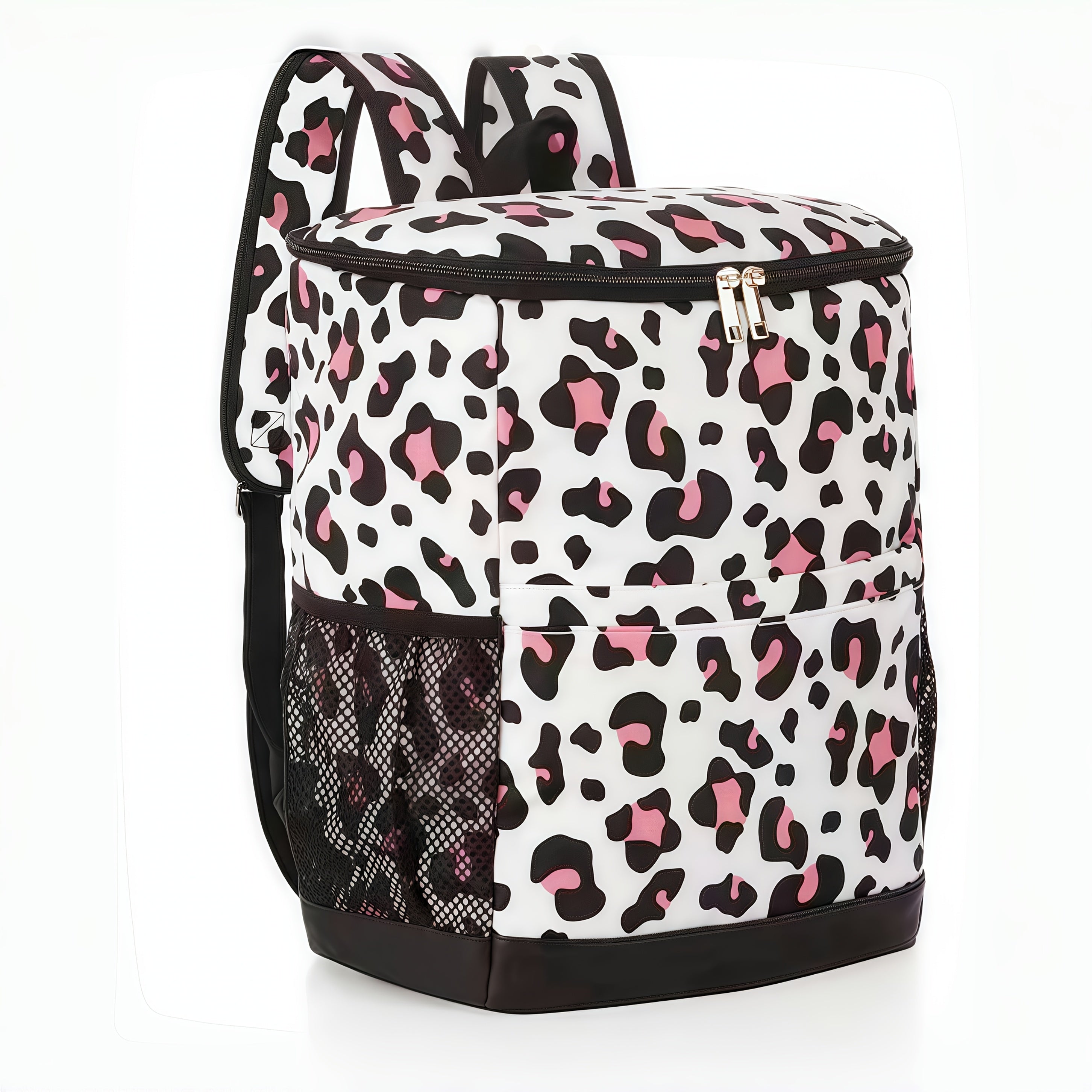Insulated Cooler Backpack 30-Can Leopard Print Nylon Portable Cooler Bag with Mesh Pockets Adjustable Straps for Beach Camping Picnic Outdoor Travel Daily Use