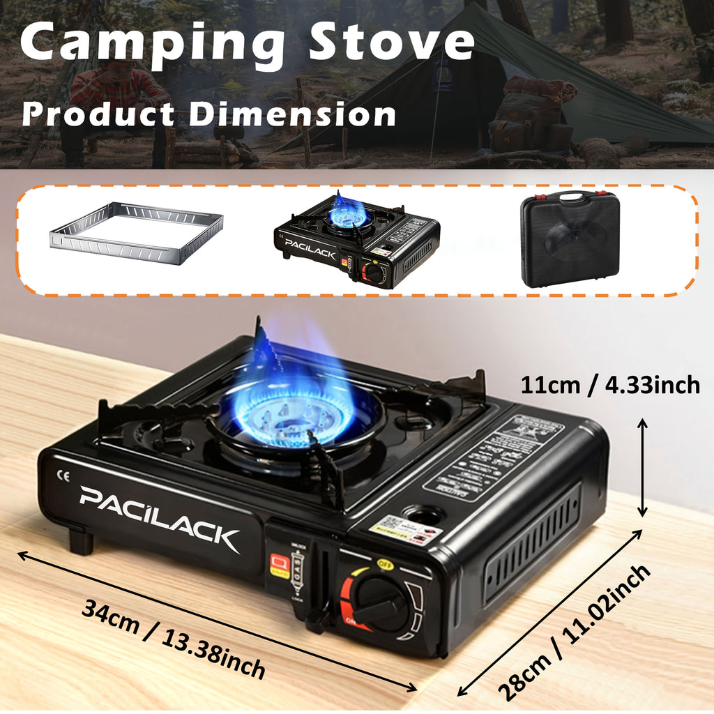 Butane Camping Stove with Carrying Case – Portable Press-Ignition Camp Stove for Outdoor Cooking BBQ RV Backpacking Emergency Preparedness Windproof Dual Fuel Options