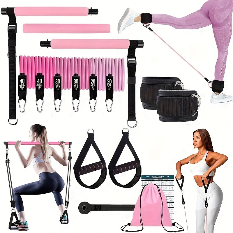 Pilates Stick with Resistance Bands 14pcs Set – Multifunctional Fitness Pedal Puller for Home Yoga, Stretch & Full Body Training, Pink, Black & Purple