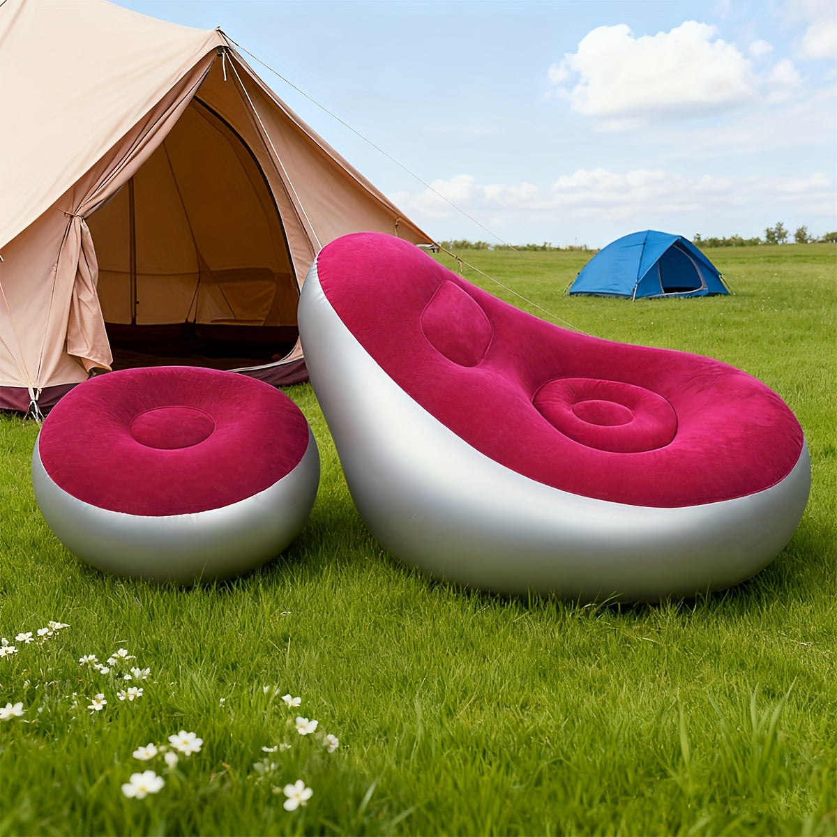 Inflatable Sofa with Footstool 2-Piece Set Heavy Duty Plush Fabric Portable Air Couch with Pump – Indoor Outdoor Camping Beach Backyard Lounge