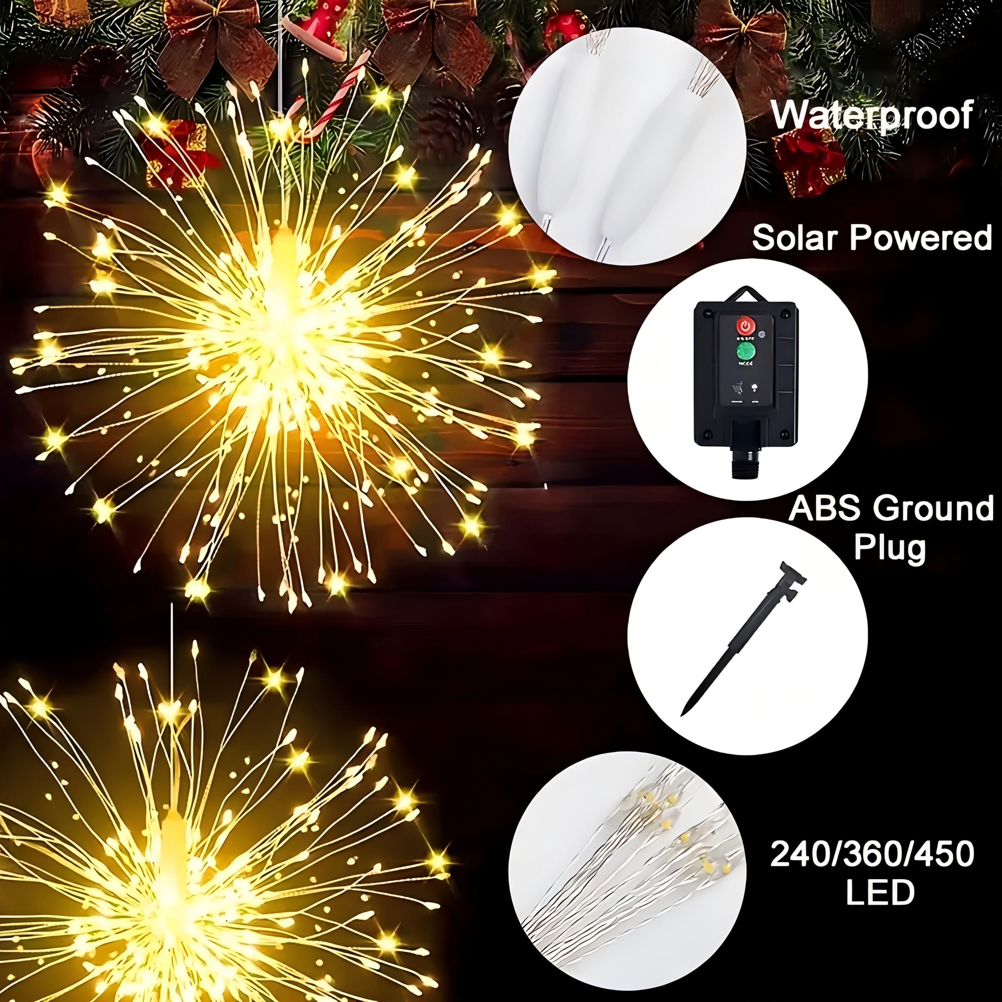 Solar Firework Lights Outdoor 240/360/450 LED Starburst Sphere Hanging Lights - IP65 Waterproof 8 Modes Copper Wire Fairy Lights - Garden Patio Tree Umbrella Tent Decoration Warm White Multicolor