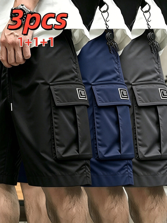 Men's Cargo Shorts 3-Pack Multi-Pocket Bermuda – Elastic Waist Drawstring Loose Knee-Length, Lightweight Breathable Outdoor Shorts for Camping Hiking Jogging Street Lounge S-XXXL