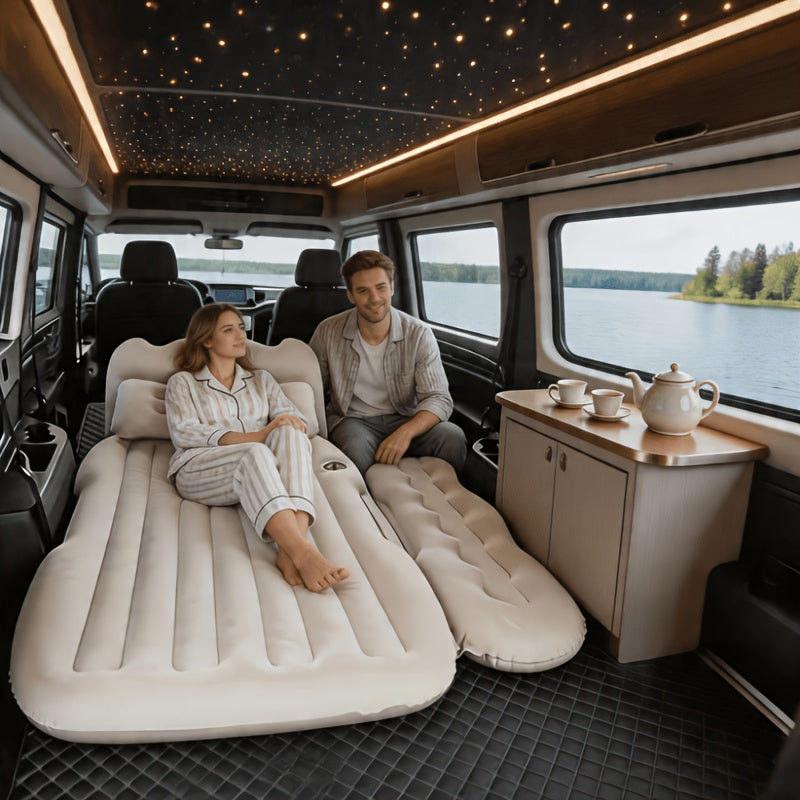 Car Inflatable Bed Air Mattress for SUV Sedan – Portable Foldable Flocked Rear Seat Sleeping Mat for Camping Picnic Road Trip, Includes Air Pump, Black Beige Pink Grey