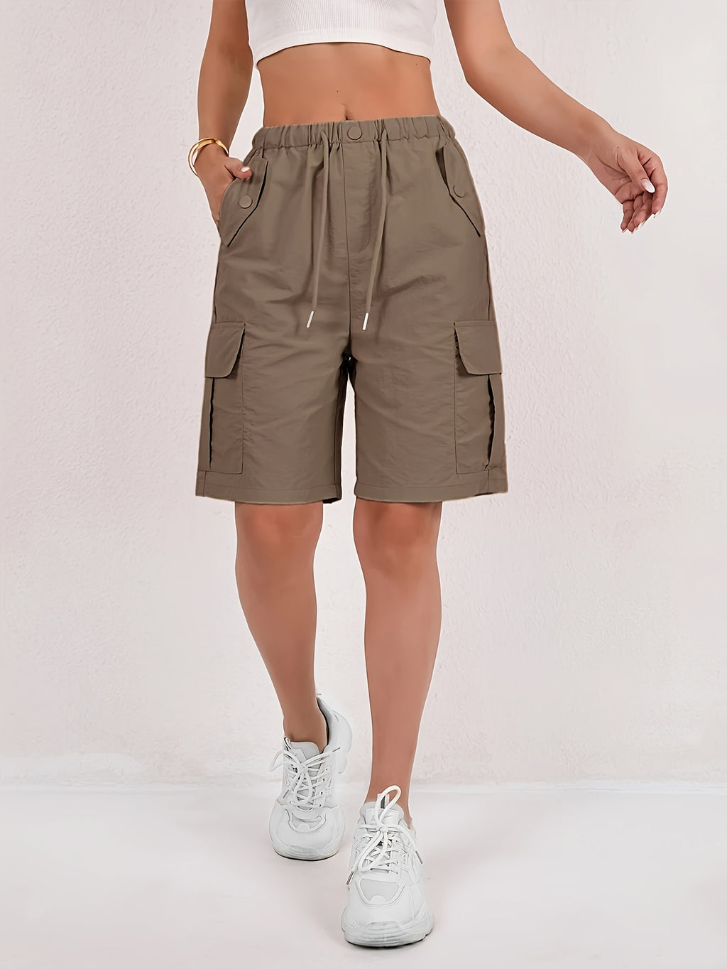 Women's Cargo Shorts 2-Pack - Lightweight Straight-Leg Mid-Thigh Bermuda Shorts with Multiple Pockets & Adjustable Drawstring Waist, Machine Washable Casual Outdoor Shorts S-XXL